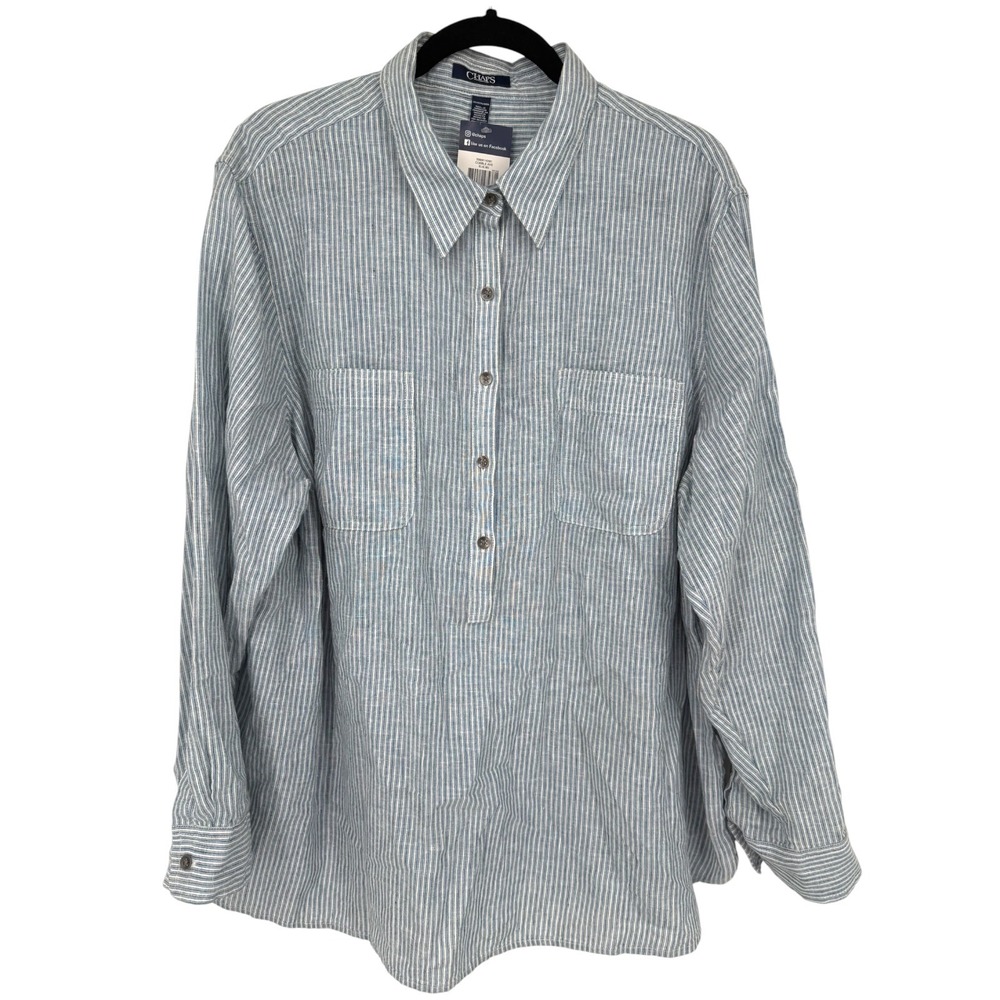 NWT Chaps Womens Cobble Ave Blue White Striped Linen Cotton Henley Shirt Size 3X - Picture 1 of 15